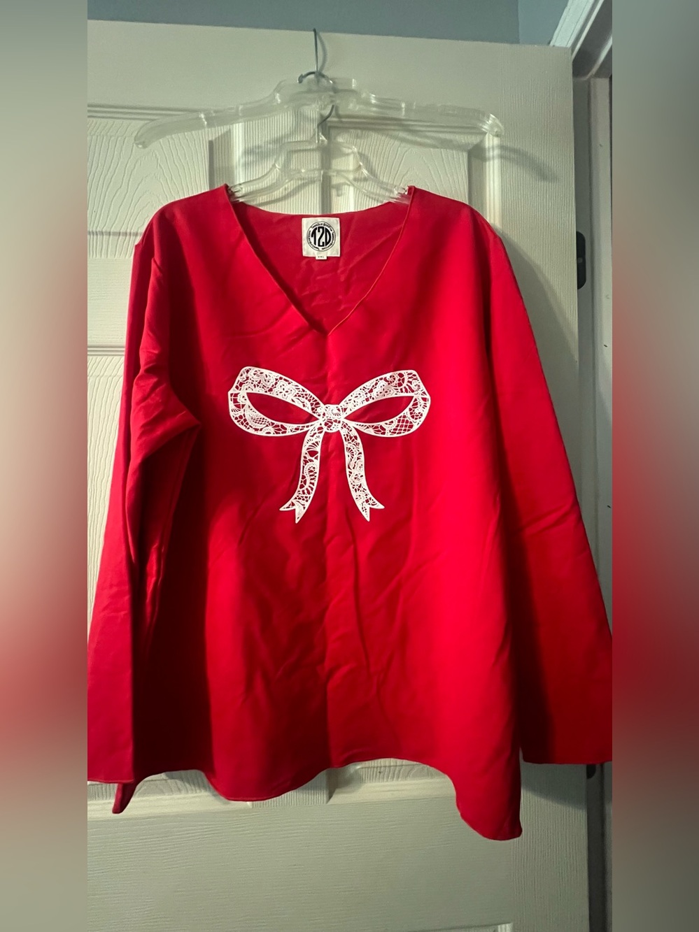 Red Girls' V-Neck Top with White Bow Graphic